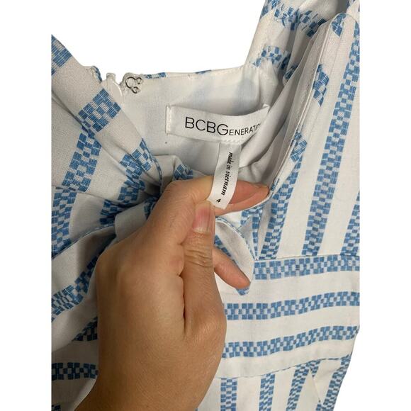 BCBGeneration Blue White Striped Ruffled Sleeve Jumpsuit in Sky Blue - Picture 7 of 8